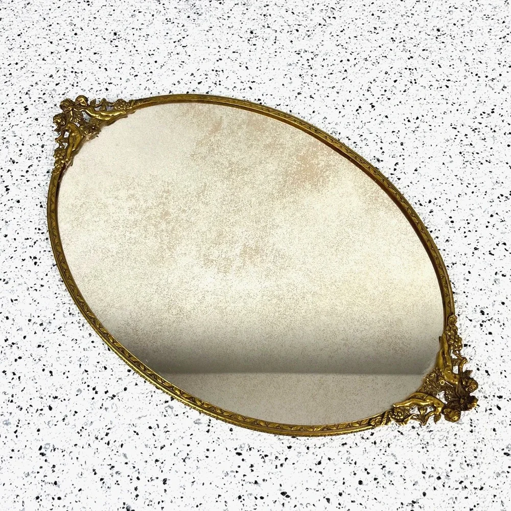 Hollywood Regency Vanity Mirror Tray Vintage Gold Tone Metal Ornate Cherub Oval